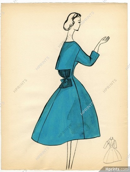 Bassia 1957 Original Fashion Drawing, Evening Dress