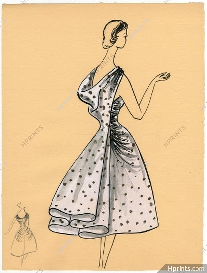 Bassia 1957 Original Fashion Drawing, Summer Dress
