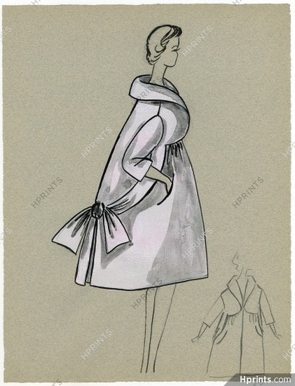 Bassia 1957 Original Fashion Drawing, Evening Coat