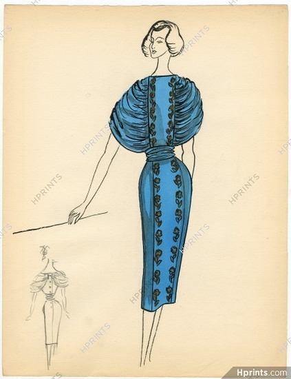 Bassia 1957 Original Fashion Drawing, Dinner Dress