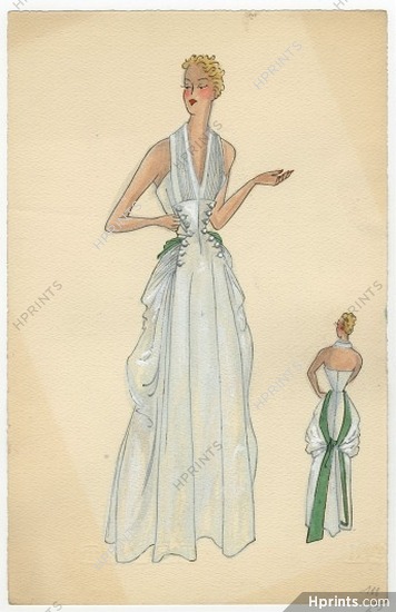 Robert Piguet 1939 Evening Gown, Backless, Original Fashion Drawing