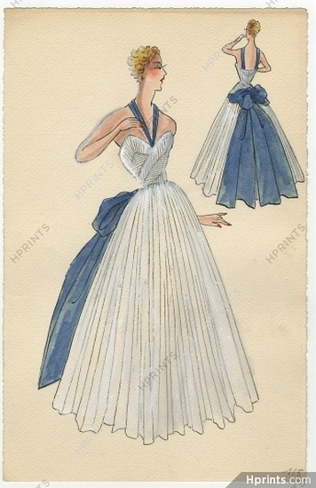 Robert Piguet 1950s, Evening Gown, Backless, Original Fashion Drawing