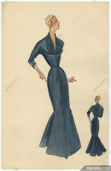 Robert Piguet 1950s, Dinner Dress, Original Fashion Drawing
