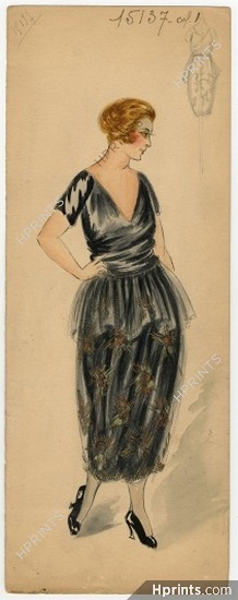 Paul Poiret 1910s, Original Fashion Drawing, Dinner Dress