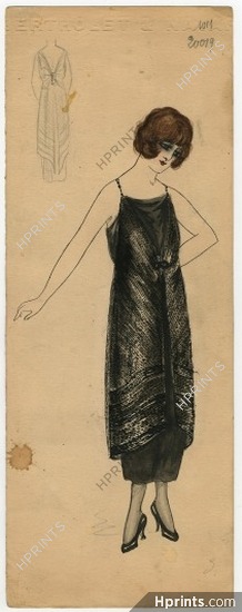 Callot Soeurs 1910s, Original Fashion Drawing, Dinner Dress