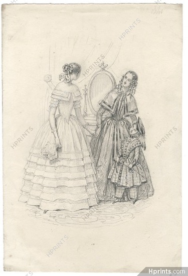 Julie Ribault 1841 Original Fashion Drawing, 19th Century Costumes