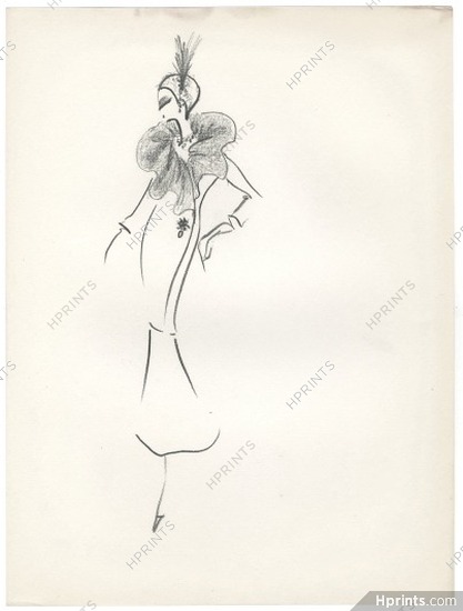 Guy Laroche 1960s, Original Fashion Drawing, Dinner Dress