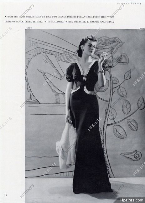 Jean Patou 1940 Patou dress of black crepe trimmed with scalloped white organdie, Man Ray