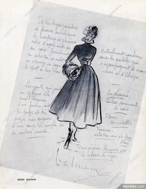 Pierre Balmain 1947 Sketch Outline Autograph, Fashion