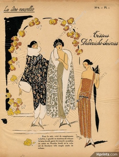 Diederichs (Fabric) 1923 ''Les Idées Nouvelles de la Mode'' Pochoir ''Tres Parisien'', Evening Gown, Coat