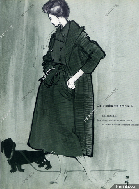 Madeleine De Rauch 1957 Jupe blouse et manteau, Charles Estienne, René Gruau