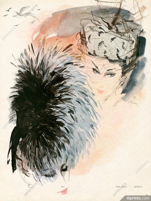 Rose Valois & Legroux Soeurs 1945 Feathers Hat, René Gruau