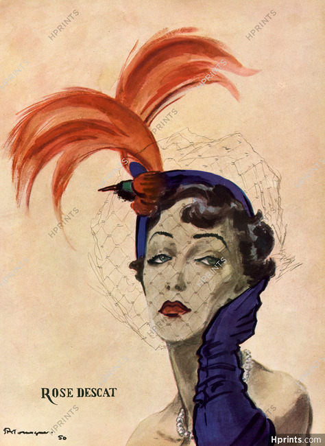 Rose Descat 1950 Feather Hat, Pierre Mourgue