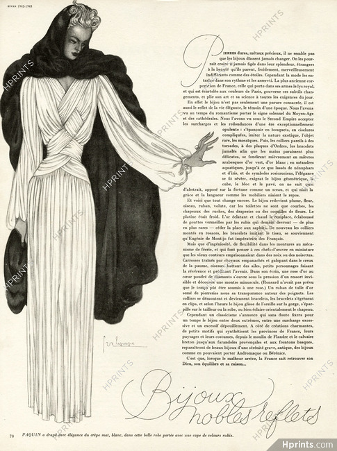 Paquin 1942 "Bijoux Nobles Reflets" Georges Lepape, Evening Gown