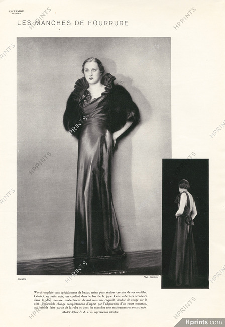 Worth 1933 "Les Manches de Fourrure" Satin Evening Gown, Photo Boris Lipnitzki