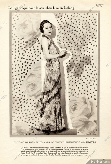 Lucien Lelong 1931 Mousseline imprimée Evening Gown, Princesse Faucigny Lucinge, Photo Lecram-Vigneau