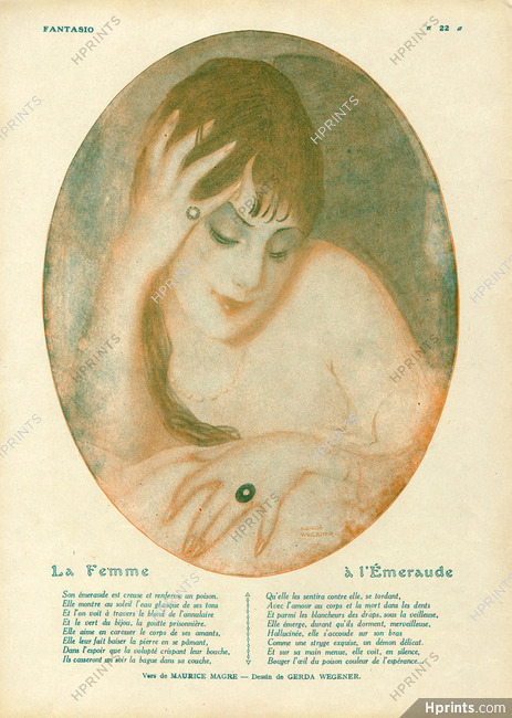 La Femme à l'Émeraude, 1916 - Gerda Wegener Emerald Ring, Maurice Magre Poem