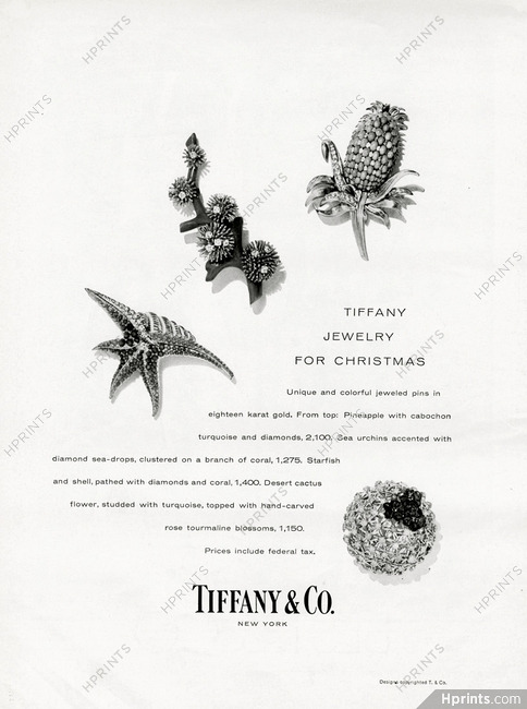 Tiffany & Co. (High Jewelry) 1960 Pineapple with Cabochon, Sea Urchins with diamond, Sea-drops branch of coral, Starfish, cactus