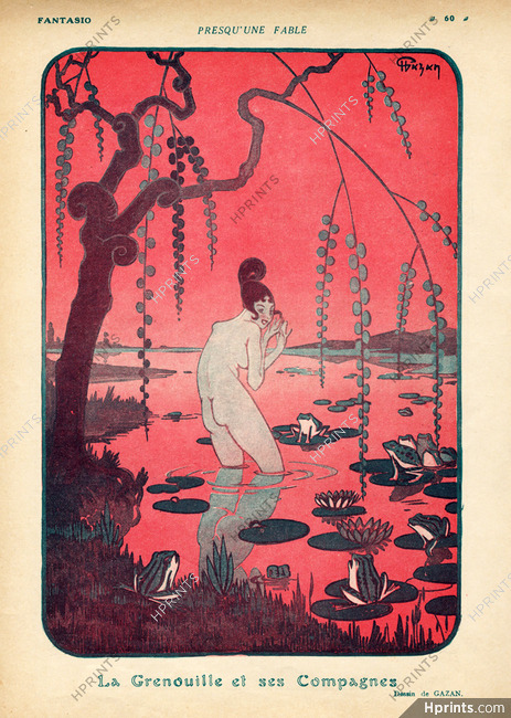Gazan 1920 "La Grenouille et ses Compagnes" Frogs, Bathing Beauty, Nude
