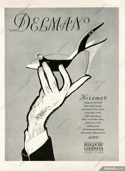 Delman 1954 Silk satin slipper, Heel diamond, René Gruau (not signed)