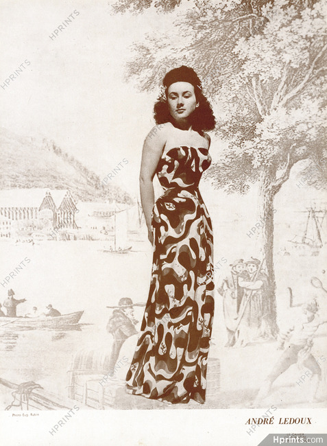 André Ledoux 1946 Printed long dress, Photo Eugène Rubin