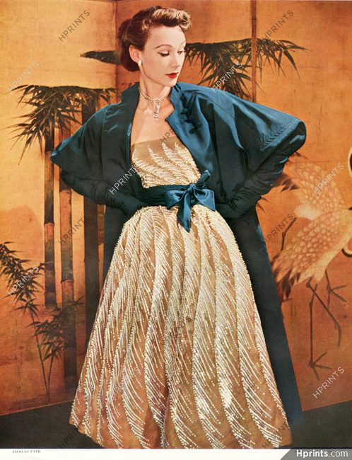 Jacques Fath 1952 Robe du soir brodée de paillettes irisées, Evening Coat, Bianchini Férier, Photo Philippe Pottier