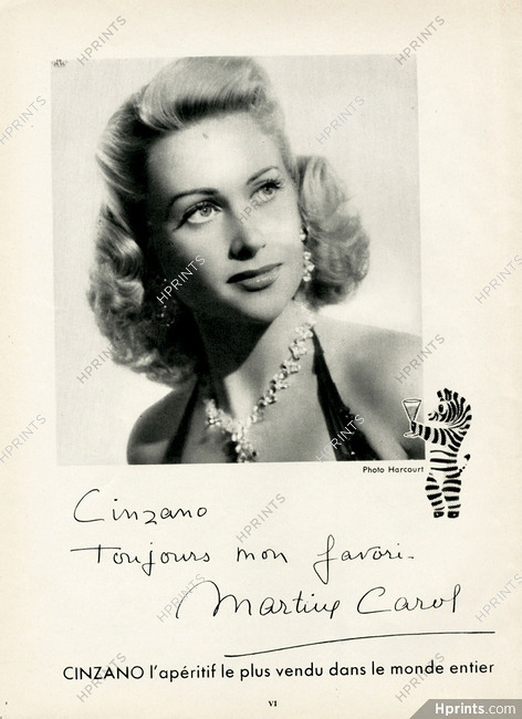 Cinzano 1953 Martine Carol, Photo Harcourt, Portrait, Autograph