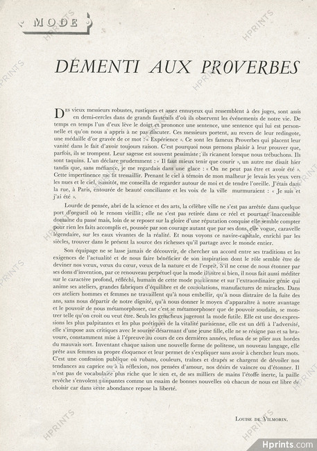 Démenti aux Proverbes, 1946 - Texte par Louise de Vilmorin