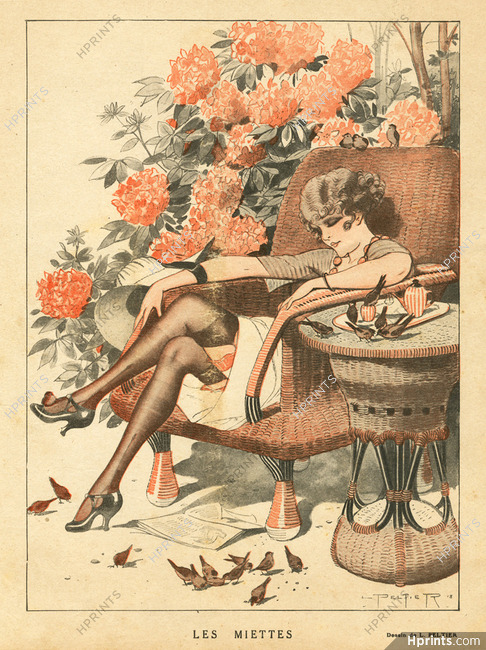 Peltier 1918 "Les Miettes" The Crumbs, Attractive Girl, Birds