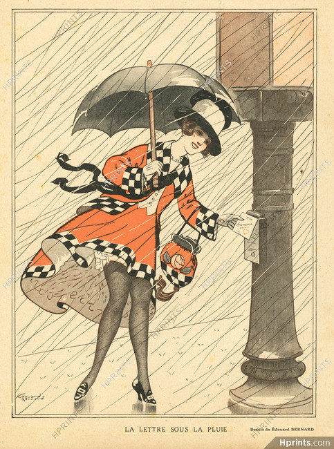 Edouard Bernard 1918 "La lettre sous la Pluie" The Letter In the Rain, Wind, Elegant Parisienne