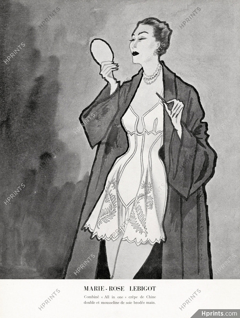 Marie-Rose Lebigot (Lingerie) 1949 Combiné en Soie Brodée