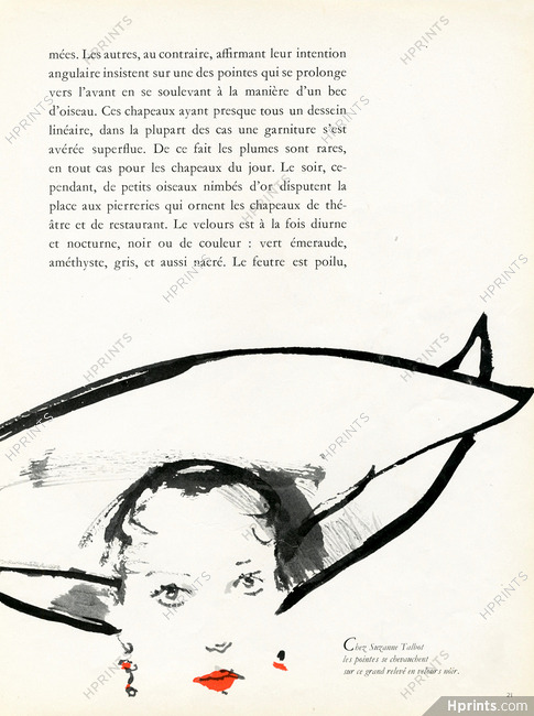 Suzanne Talbot (Millinery) 1949 Les pointes se chevauchent sur ce grand Chapeau en velours noir, Tom Keogh, P4