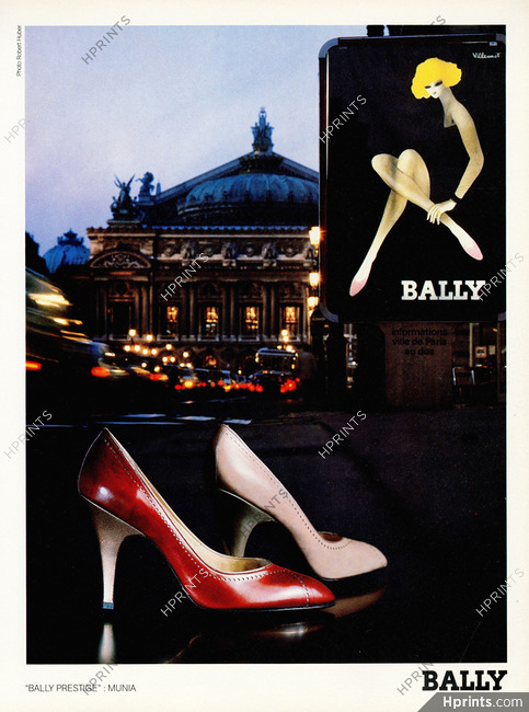 Bally (Shoes) 1982 Bernard Villemot, Affiche Publicitaire Avenue de l'Opéra Garnier