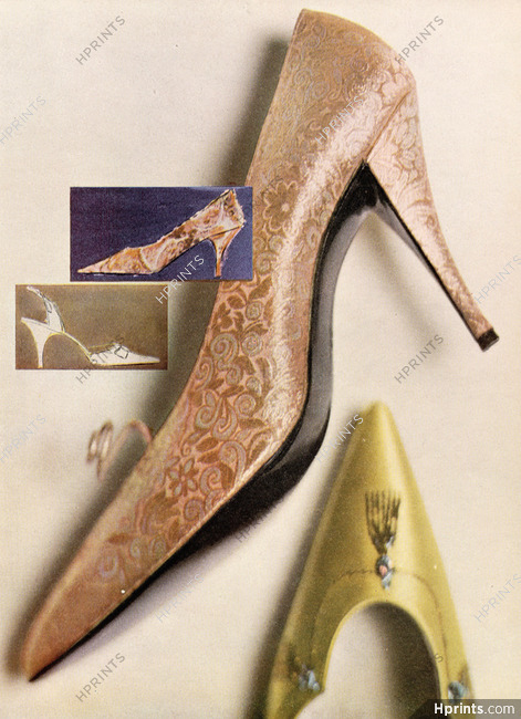 Christian Dior (Shoes) 1960 Gold Brocade, Evening Pump with sharp, Photo Kublin, Drawing Shirley Denney