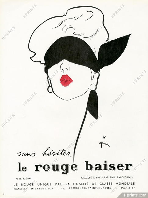 Rouge Baiser (Cosmetics) 1950 Lipstick, Scarf, René Gruau