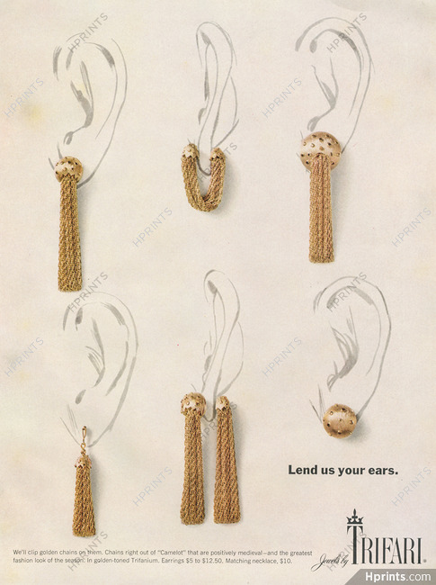 Trifari 1967 Clip Golden, Chains, Earrings