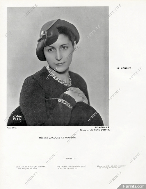 René Boivin (High Jewelry) 1934 Necklace, Bracelet, Small Hat, Mrs Jacques Le Monnier, Photo Madame D'Ora