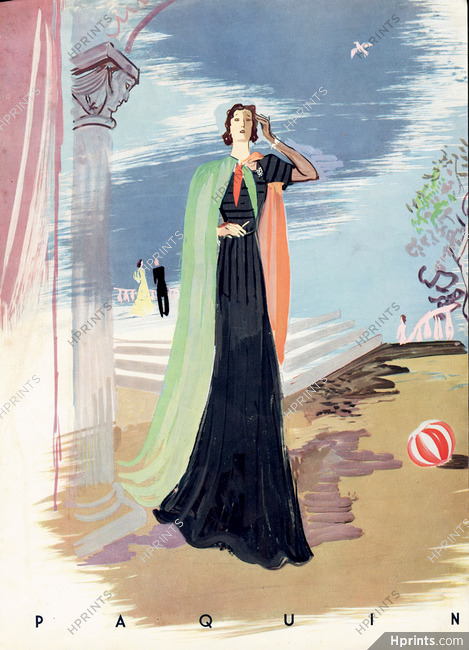 Paquin 1937 Edy Legrand, Evening Gown, Cape, Elegant Parisienne