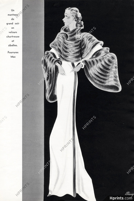 Fourrures Max (Fur Clothing) 1934 Evening Velvet Coat, Fur sleeves, Léon Bénigni