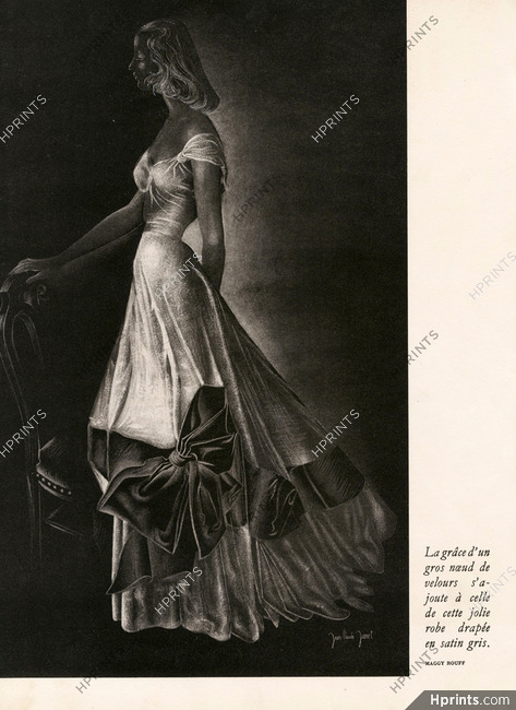 Maggy Rouff 1947 Satin Evening Gown, Velvet Ribbon, Jean Claude Janet