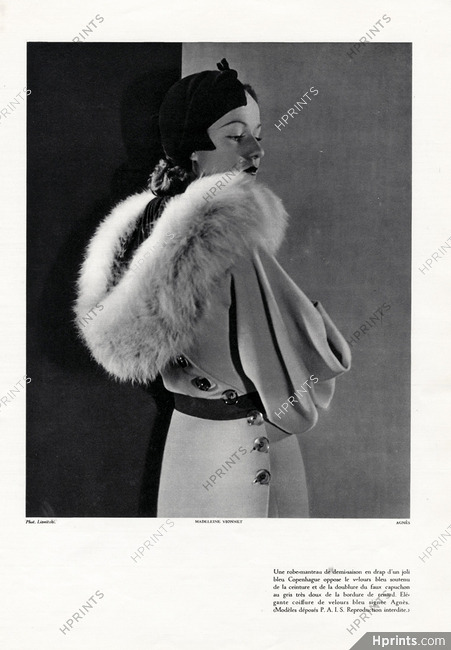 Madeleine Vionnet 1933 Velvet Dress-Coat, Fox Fur Cap, Agnès (Hat), Photo Boris Lipnitzki