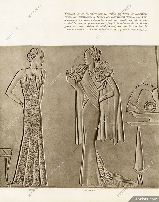 Chanel & Mainbocher 1933 "Les Bas-reliefs de la Mode", Evening Gown, Fur Cape