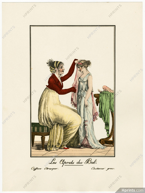 Debucourt 1798-1808 Modes et Manières du Jour "Les Aprets du Bal" Coiffure Etrusque, Costume Grec. Reprint, Editions Rombaldi 1957