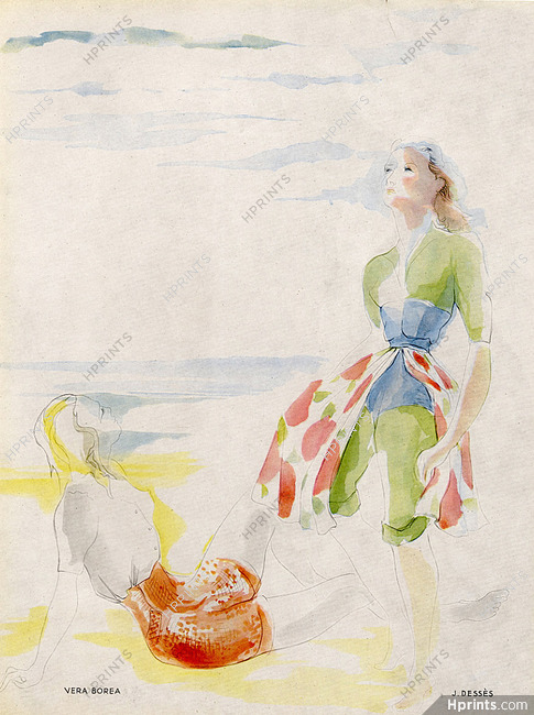 Jacques-Armand Bonnaud 1947 "Vacances" Véra Boréa & Jean Dessès, on the Beach