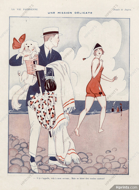 Jaques 1922 "Une Mission Délicate" bathing beauty, beach, Pekingese Dog