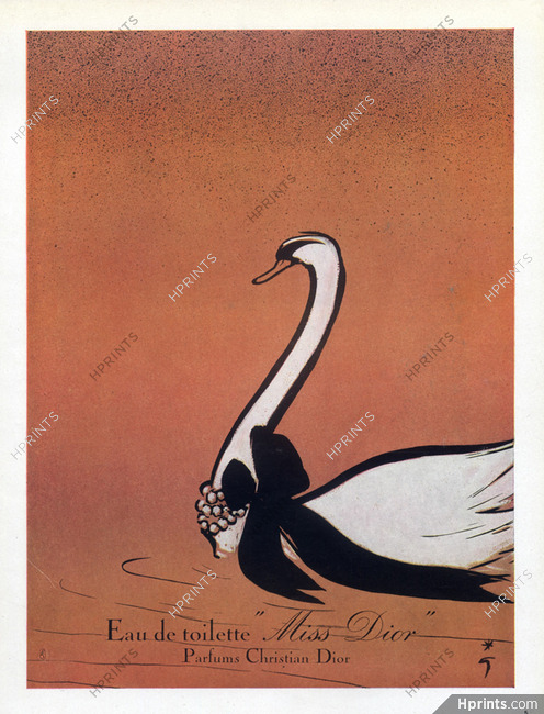 Christian Dior (Perfumes) 1949 Eau de Toilette Miss Dior, René Gruau (Swan, white frame)