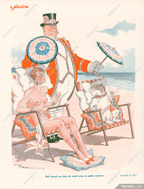 Pem 1928 Nude at the beach, English Bulldog