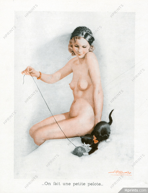 Suzanne Meunier 1936 "On fait une petite pelote", Nude, Baby Cat