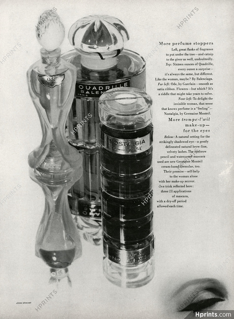 Ode (Guerlain), Quadrille (Balenciaga), Nostalgia (Germaine Monteil) 1956 Perfumes, Photo John Stewart