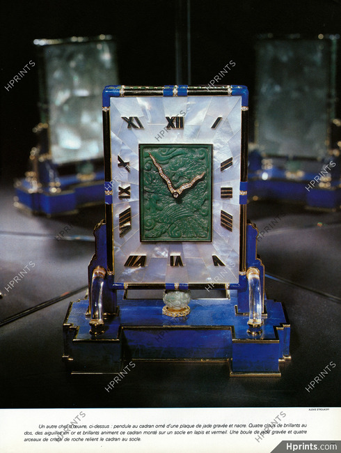 Cartier Joaillier de l'objet d'art 1980 Pendule au cadran de jade gravée et nacre